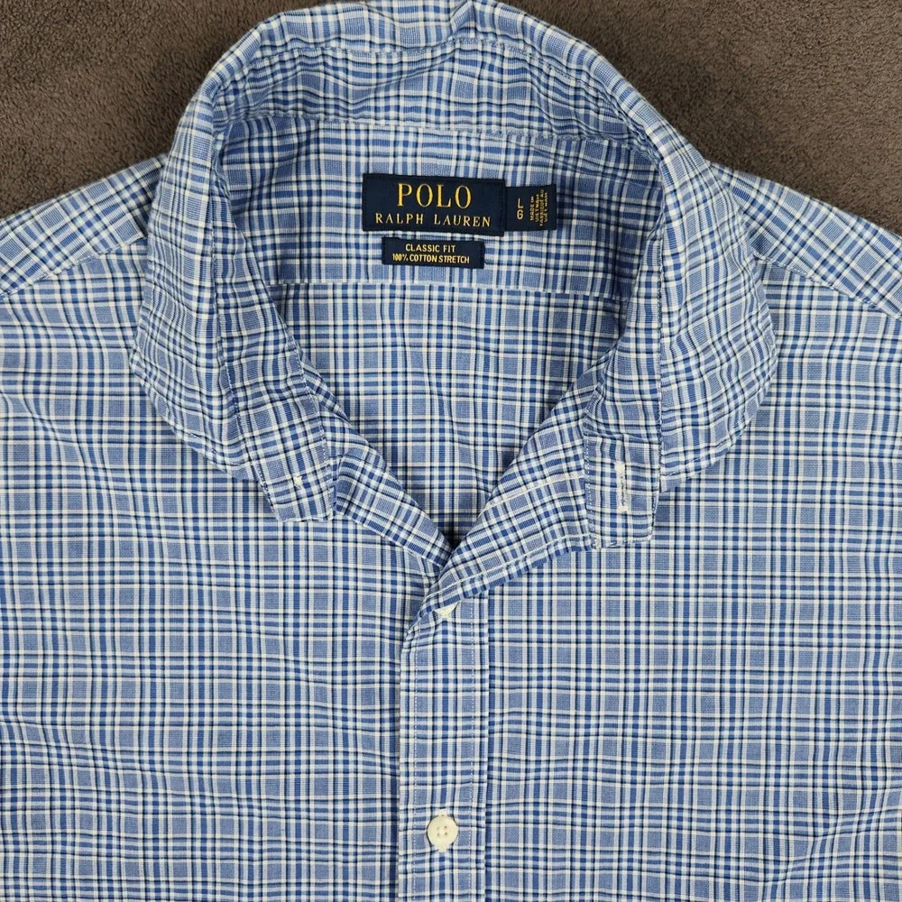 Polo Ralph Lauren Shirt Mens Large Blue Plaid Classic Fit Cotton Stretch Button
